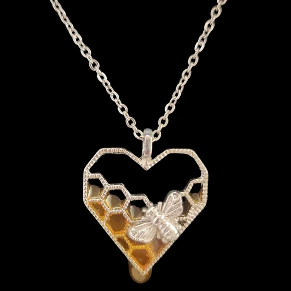 Silver Tone Honey Bee in Honeycomb Heart Necklace - Picture 2 of 4